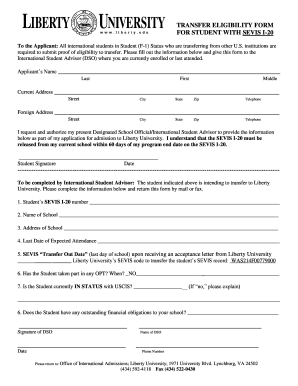 Transfer Eligibility Form for Student with SEVIS I-20