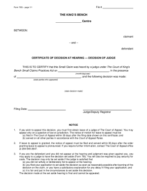 Form 76G – Certificate of Decision at Hearing