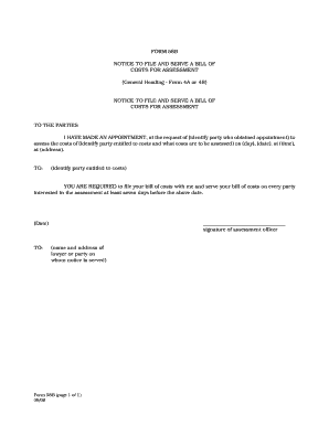 Notice to File and Serve a Bill of Costs for Assessment