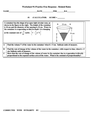 Worksheet 91: Practice Free Response - Related Rates