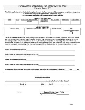 Wyoming Purchaser Application for Certificate of Title