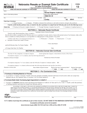 Nebraska Resale or Exempt Sale Certificate