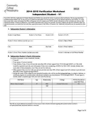 2014–2015 Verification Worksheet for Independent Students
