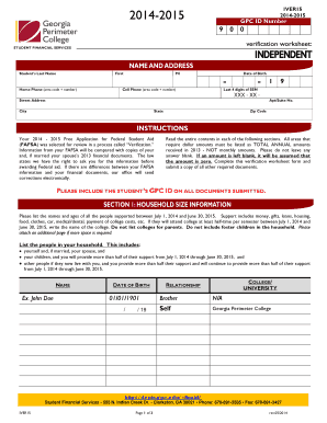 2014-2015 FAFSA Verification Worksheet