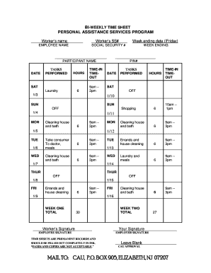 Bi-Weekly Time Sheet for Personal Assistance Services