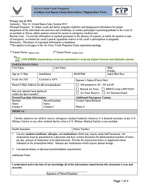 US Air Force Youth Programs Aviation and Space Camp Nomination Registration Form