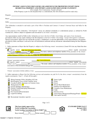 North Carolina Owners' Association Disclosure and Addendum