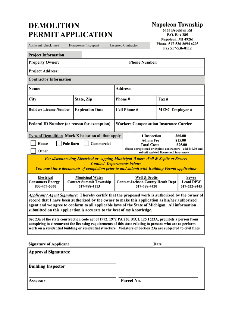 Fillable Online DEMOLITION Napoleon Township PERMIT APPLICATION PO Box