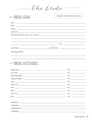 Bridal Gown and Accessories Order Form