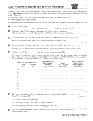 2005 Wisconsin Income Tax TeleFile Worksheet