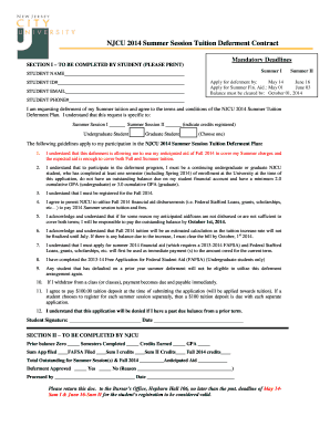 NJCU 2014 Summer Session Tuition Deferment Contract