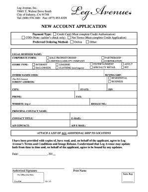 Leg Avenue New Account Application