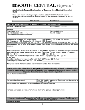 Application to Request Continuation of Coverage for a Disabled Dependent Child
