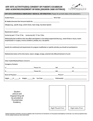 Off-Site Activity Consent and Emergency Medical Information Form