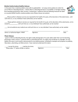 Pet Boarding Medical Authorization and Photo Release