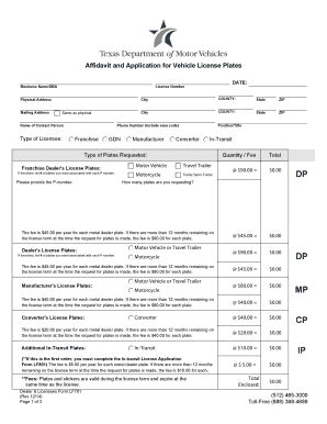 Affidavit and Application for Vehicle License Plates