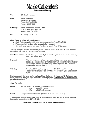 Marie Callender's Bulk Gift Card Order Form
