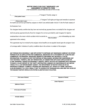 New York No-Fault Insurance Assignment of Benefits Form
