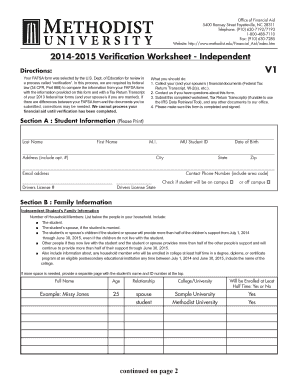 2014-2015 Verification Worksheet - Independent