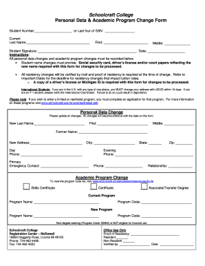 Schoolcraft College Personal Data & Academic Program Change Form