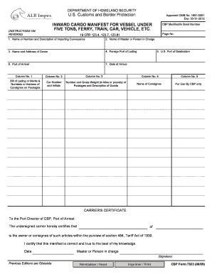 Inward Cargo Manifest for Vessel