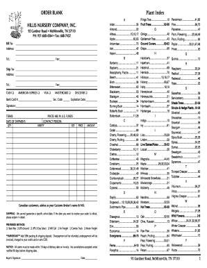 Hillis Nursery Order Form