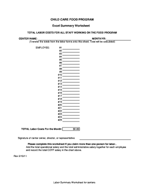 Child Care Food Program Labor Summary Worksheet