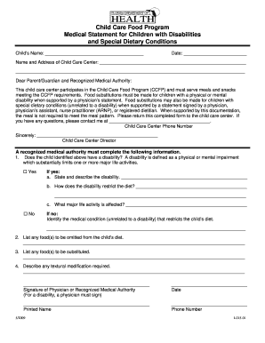 Child Care Food Program Medical Statement