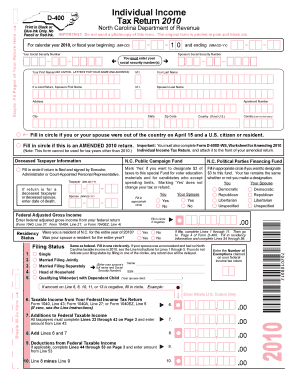North Carolina D-400 Tax Return 2010