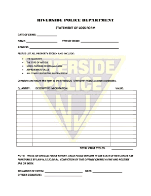 Riverside Police Department Statement of Loss Form