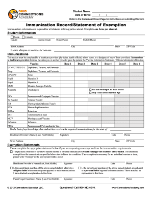 Student Immunization Record Form