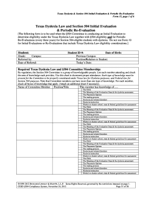 Texas Dyslexia & Section 504 Evaluation Form