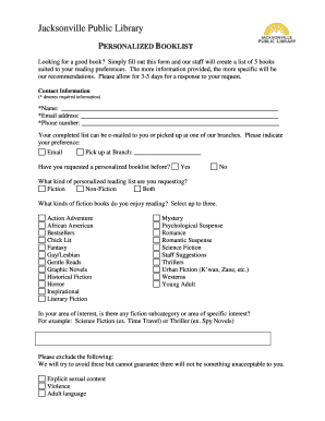 Jacksonville Public Library Personalized Booklist Request
