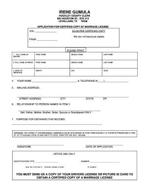 Application for Certified Copy of Marriage License