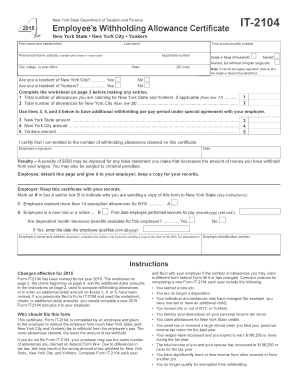 New York State Employee Tax Withholding Form IT-2104