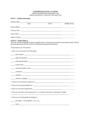 Lighthouse Baptist Academy Student Physical Exam Consent Form