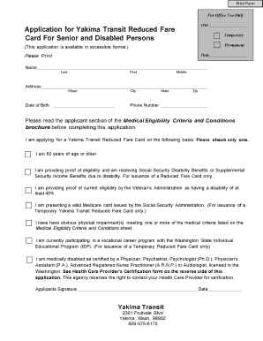 Yakima Transit Reduced Fare Card Application