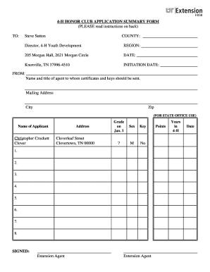4-H Honor Club Application Summary Form