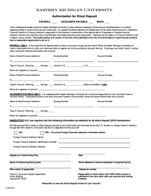 Eastern Michigan University Direct Deposit Authorization