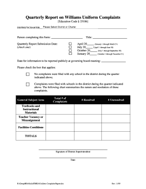 Quarterly Report on Williams Uniform Complaints