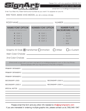 Customer Order Form for Bike Graphics