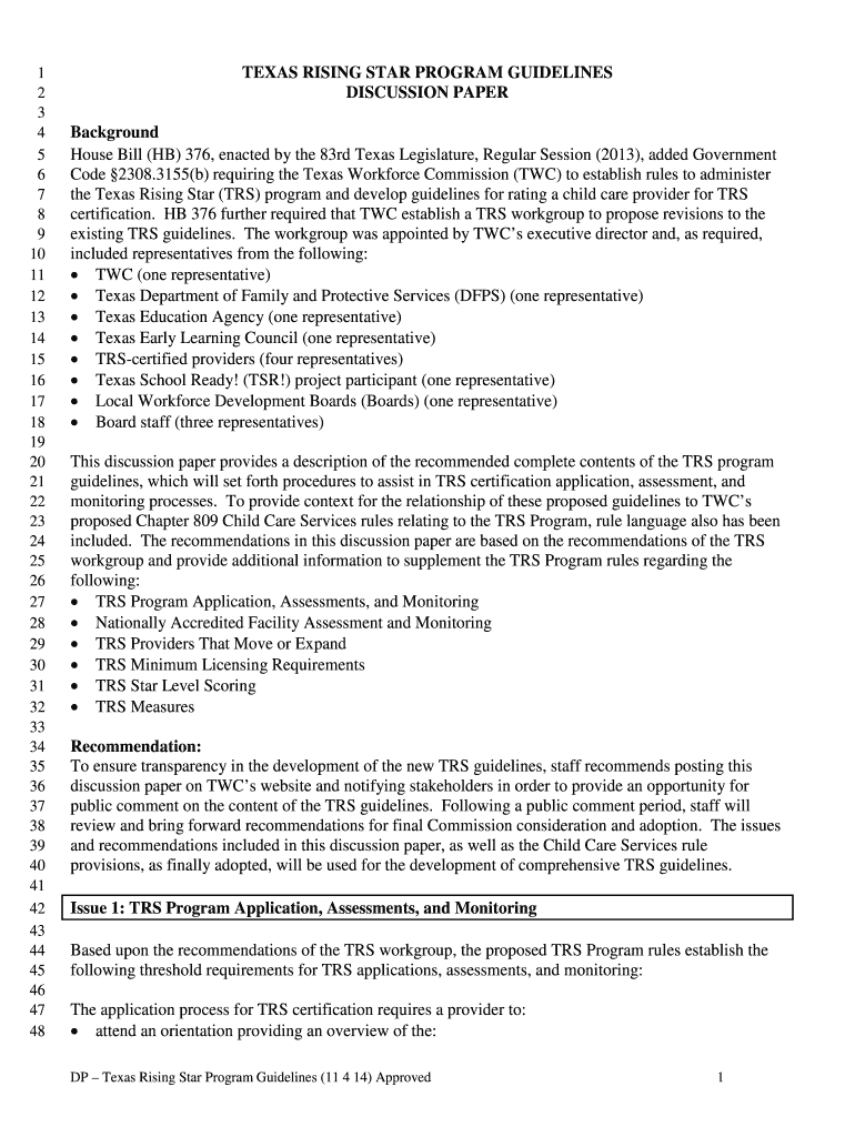 Fillable Online TEXAS RISING STAR PROGRAM GUIDELINES Fax Email Print pdfFiller