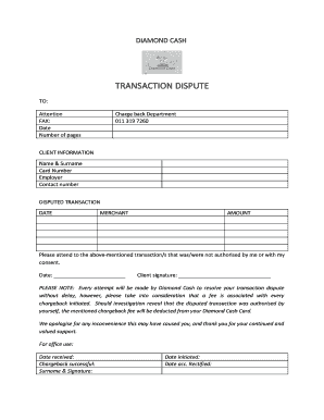 Diamond Cash Transaction Dispute Form