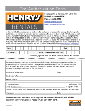 Henry's Rental Pre-Authorization Form