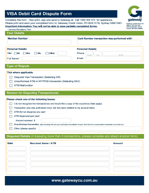 Visa Debit Card Dispute Form