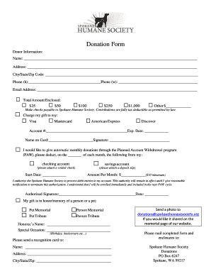 Donation Form for Spokane Humane Society