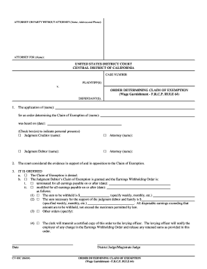 Order Determining Claim of Exemption