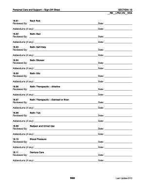 Personal Care and Support Sign-Off Sheet