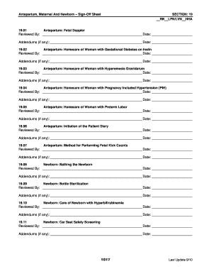 Antepartum, Maternal And Newborn Sign-Off Sheet