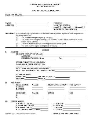 US District Court Financial Declaration Form
